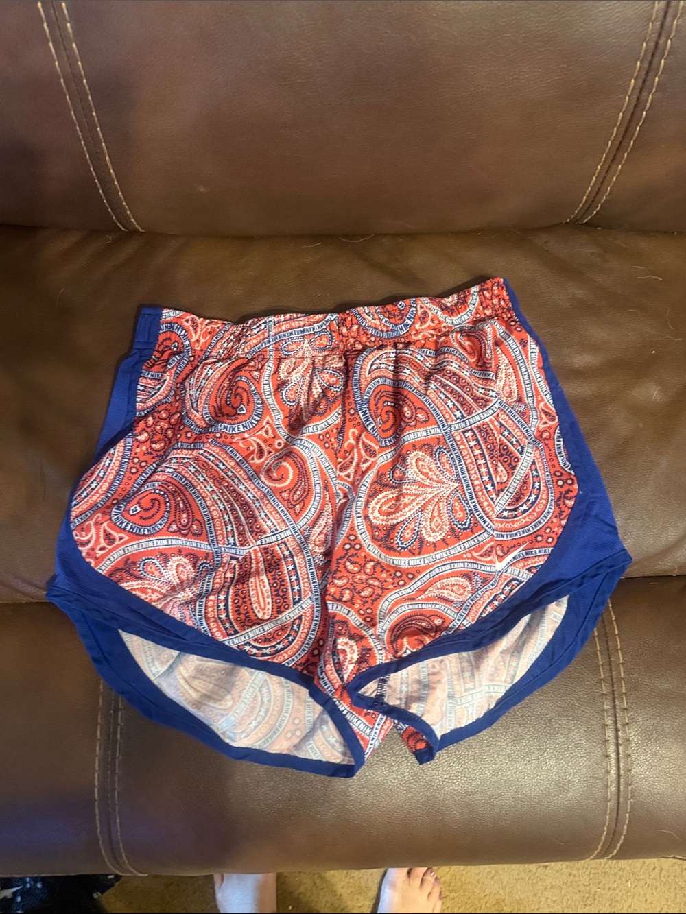 Nike Women's Red Paisley Athletic Shorts with Blue Trim